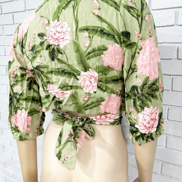 Agua Bendita Women's Large Peony Print Tie Wrap Top Dark Olive/Blush - Picture 6 of 10
